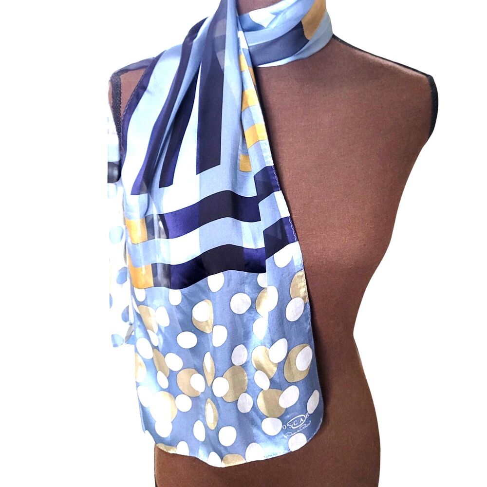 Oscar de la Renta 100% Silk Scarf Long Rectangle 52x11 Blue Gold Neck Accent